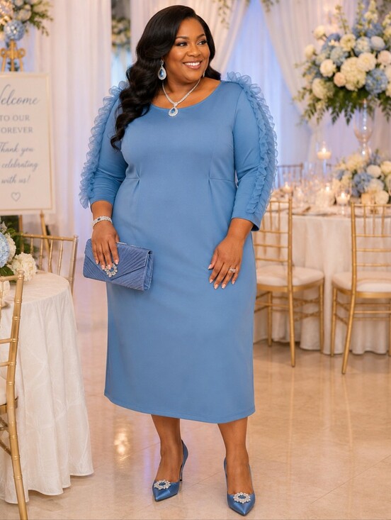 Ashley Stewart Dresses & Skirts - Ashley Stewart Elegant Blue Dress with Ruffle Sleeves